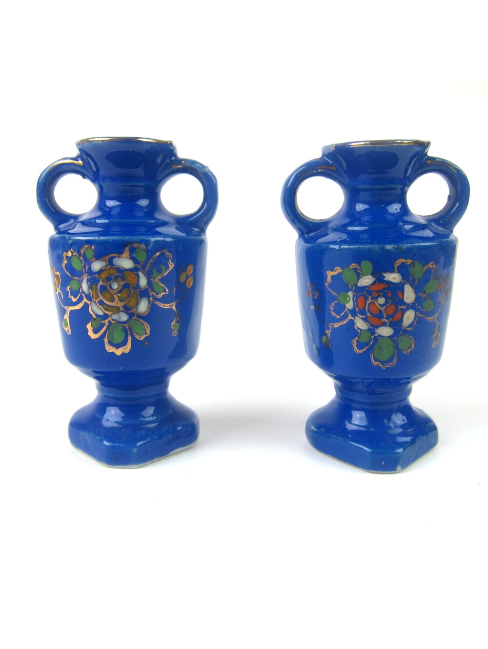 2 Vintage Mini Ceramic Pedestal Vases Blue Hand Painted Flowers Gold Gilt Japan